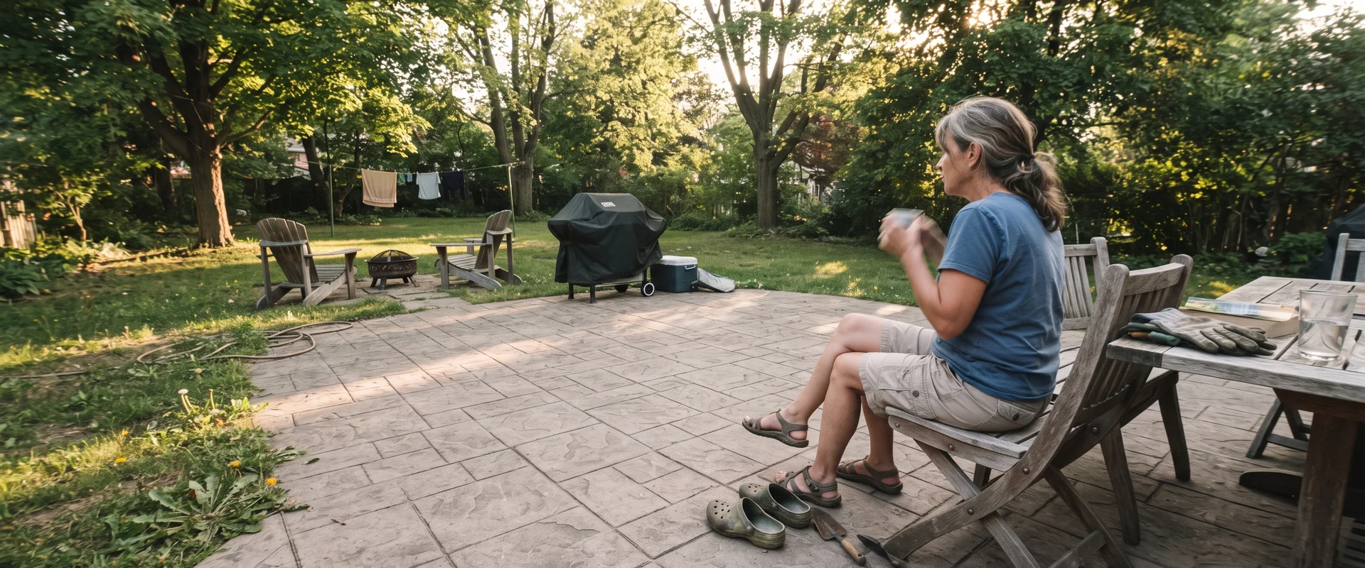 Stamped concrete patio in an ashlar slate pattern in a Toronto backyard
