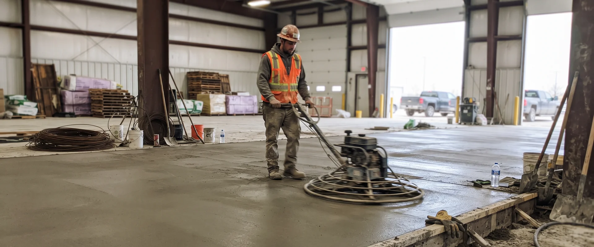 Warehouse interior with a freshly placed concrete floor and ride-on power trowel