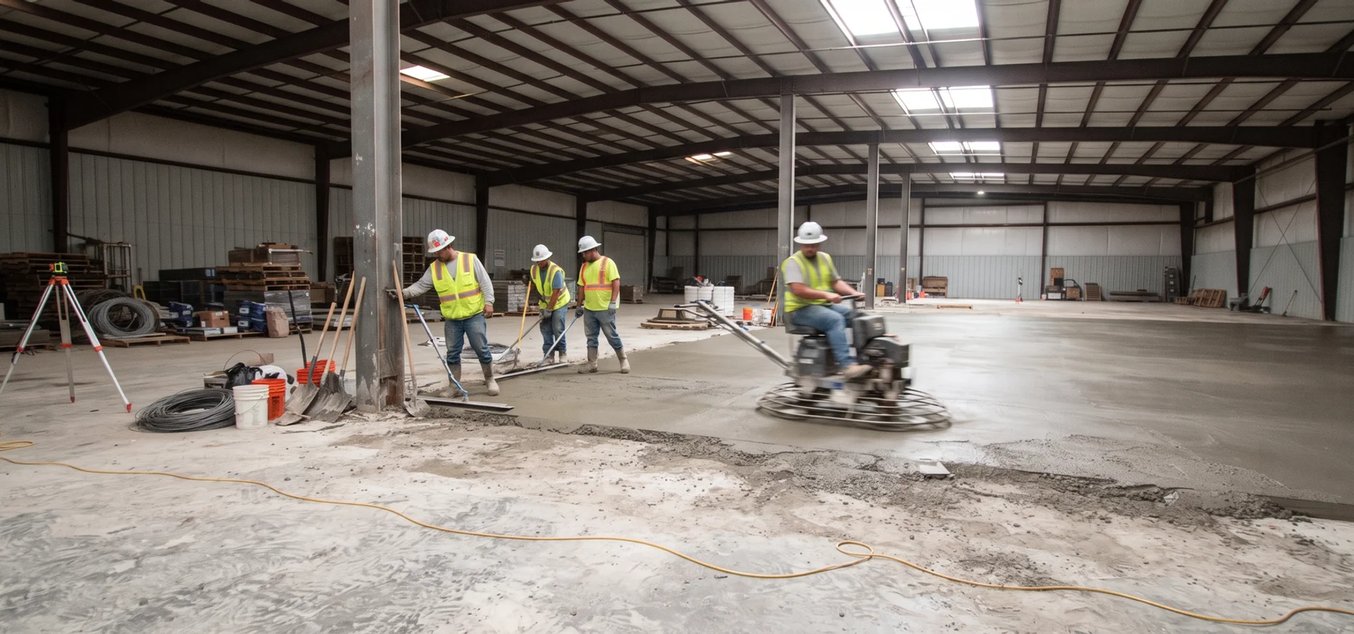 Warehouse interior with a freshly placed concrete slab and ride-on power trowel
