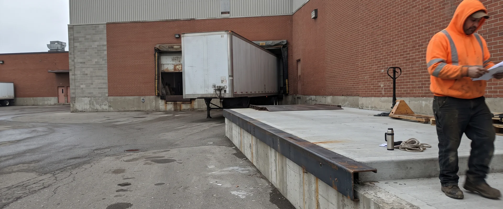 Loading dock with a new concrete pad and armoured steel edge angle at a Toronto industrial building