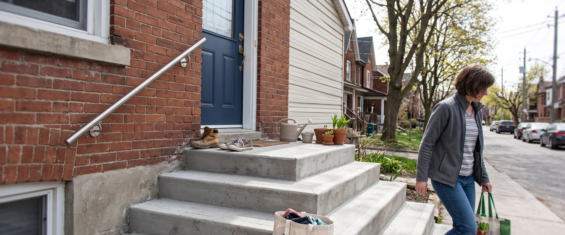 New concrete front steps with even treads and risers at a Toronto brick home