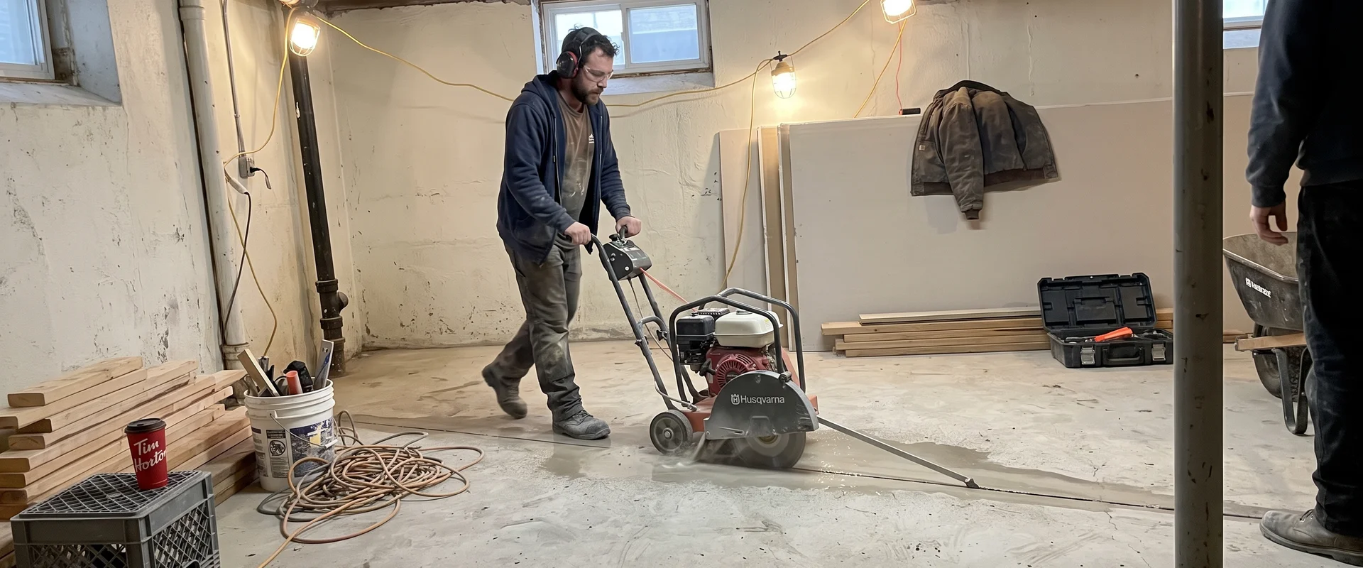 Operator saw-cutting a straight trench line across a basement slab during a Toronto renovation