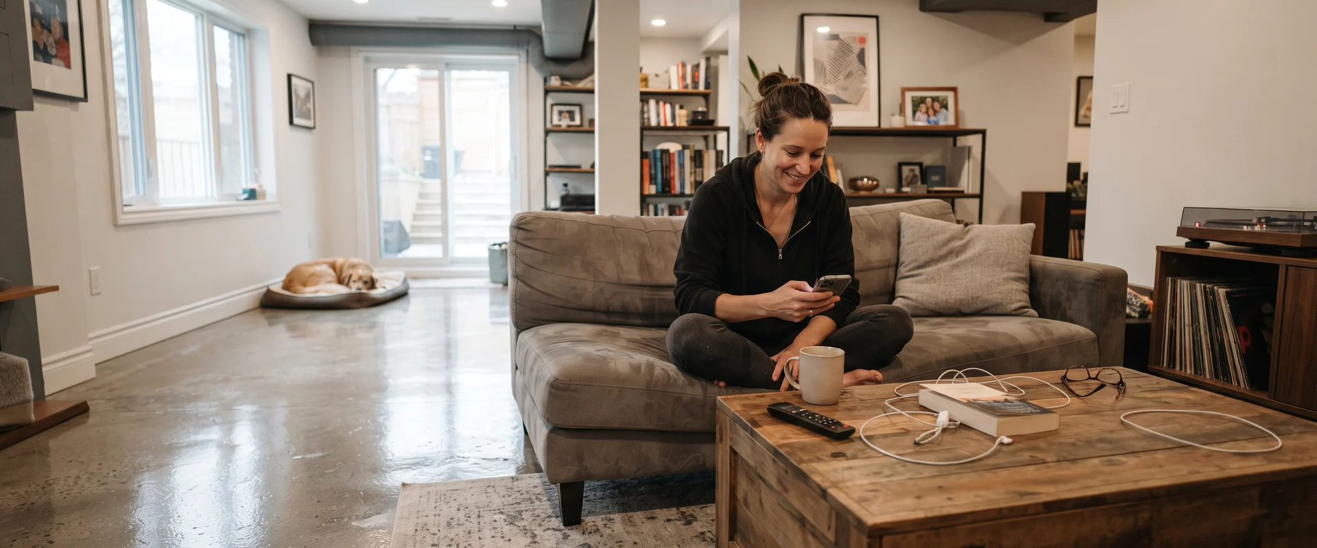 Polished concrete basement floor with a high-gloss finish in a renovated Toronto home