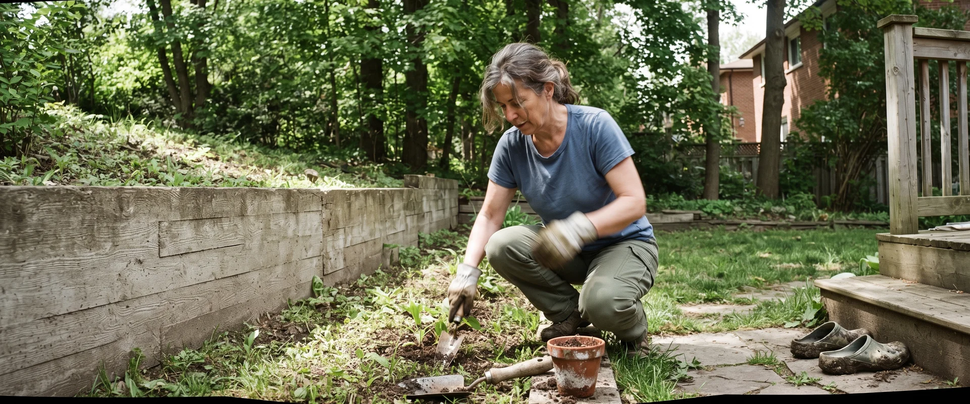 Poured concrete retaining wall holding a sloped backyard garden at a Toronto home