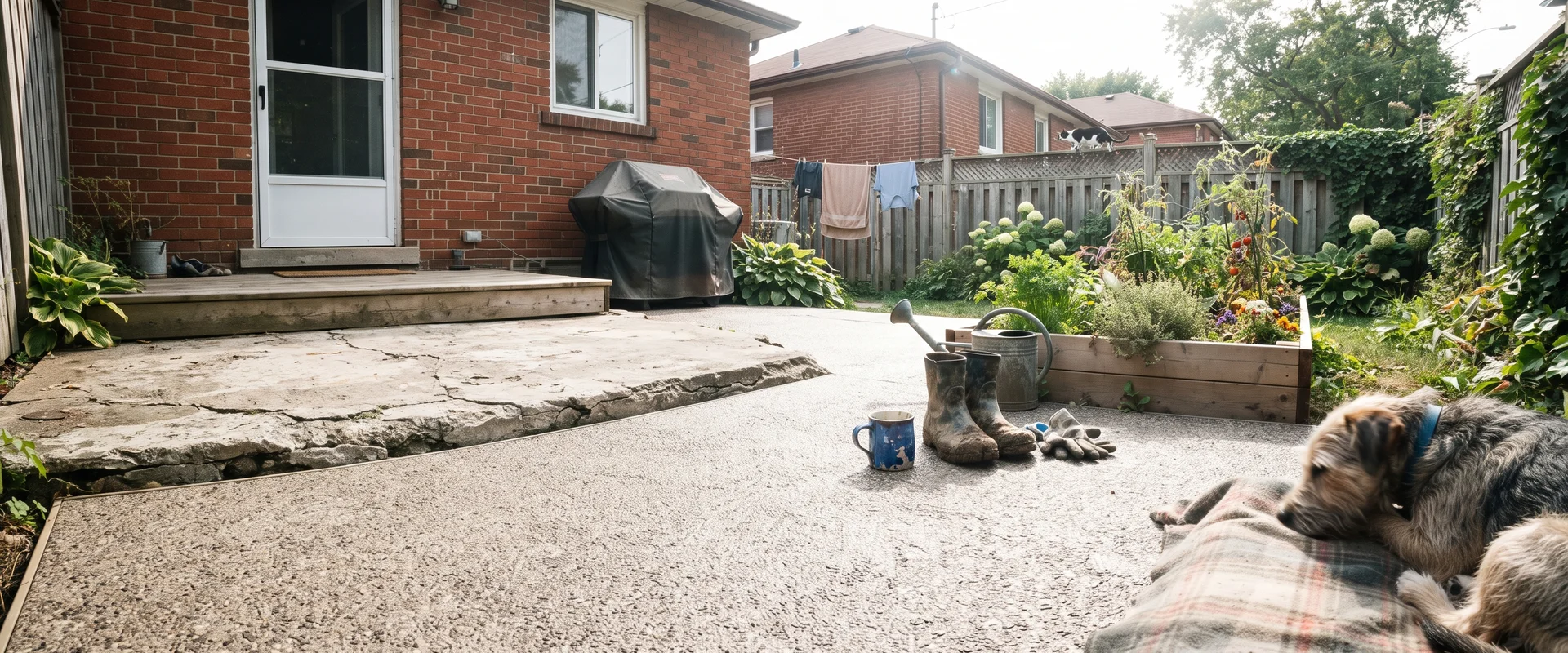 Renewed patio surface after a decorative overlay beside the original weathered concrete