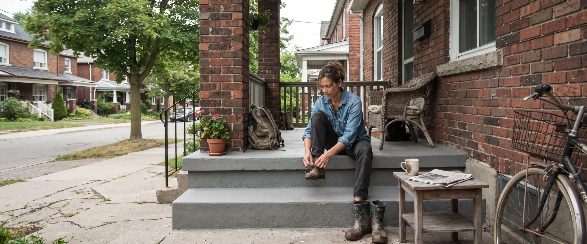Restored concrete front porch with repaired coping on an older Toronto brick home