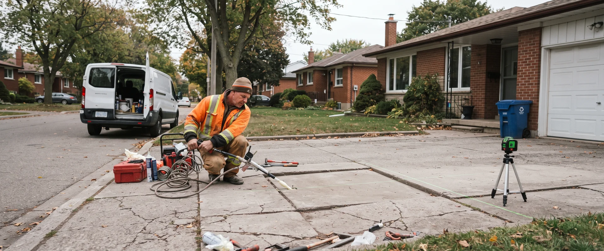 Technician injecting polyurethane foam to lift a sunken driveway slab with a laser level set up