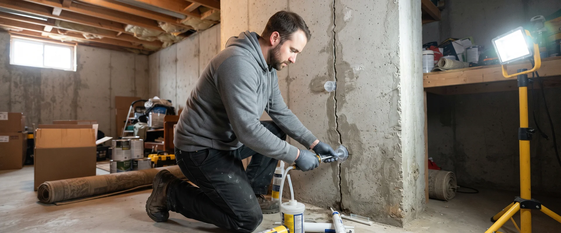 Technician installing epoxy injection ports along a structural crack in a concrete wall