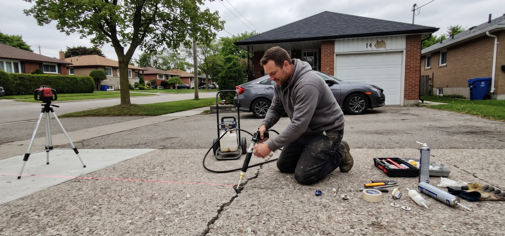 Technician injecting polyurethane foam through a port to lift a sunken Toronto driveway slab