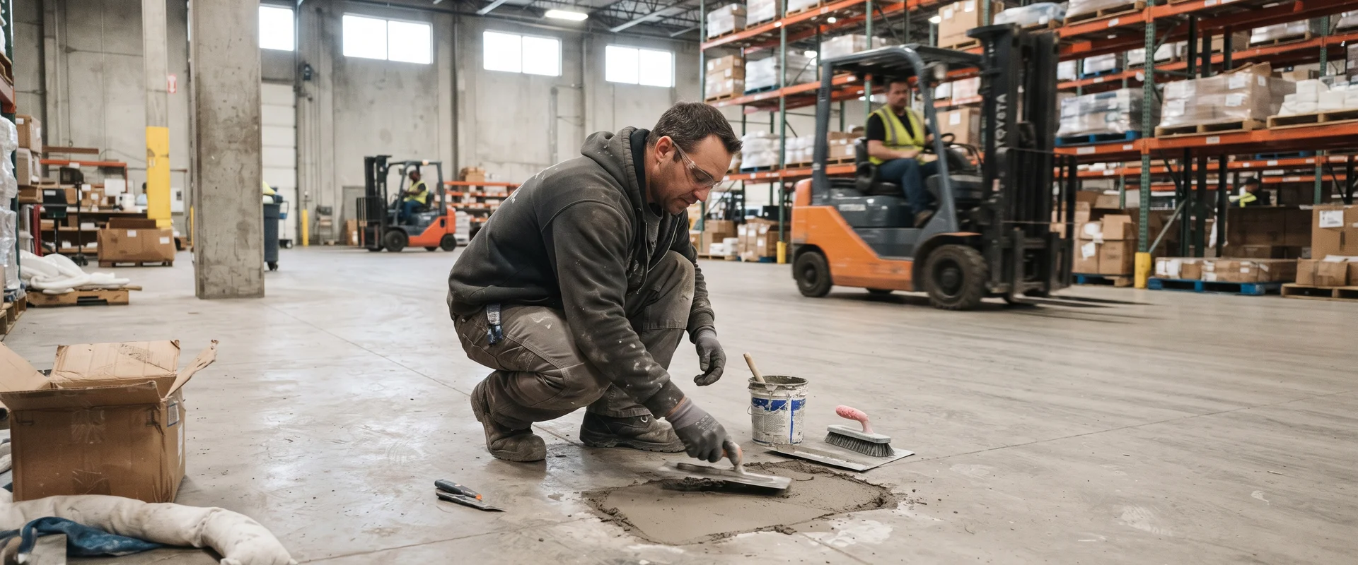 Technician repairing a spalled commercial concrete floor while the facility stays in operation
