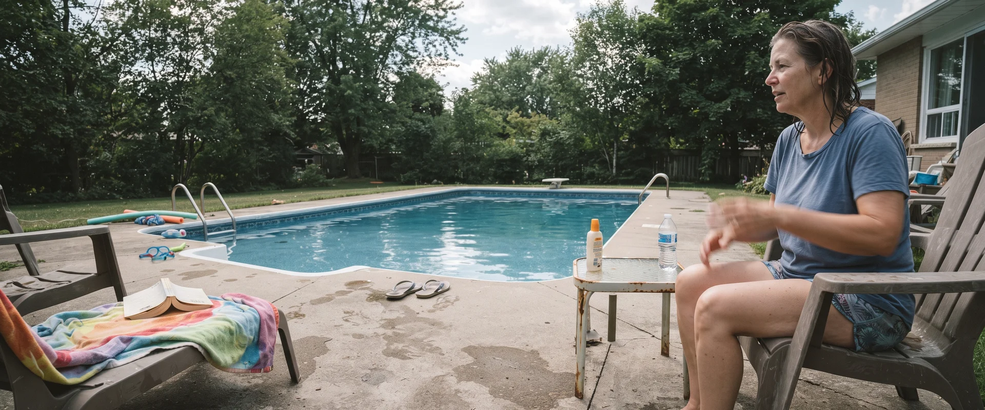 Concrete pool deck surrounding a backyard swimming pool at a Toronto home