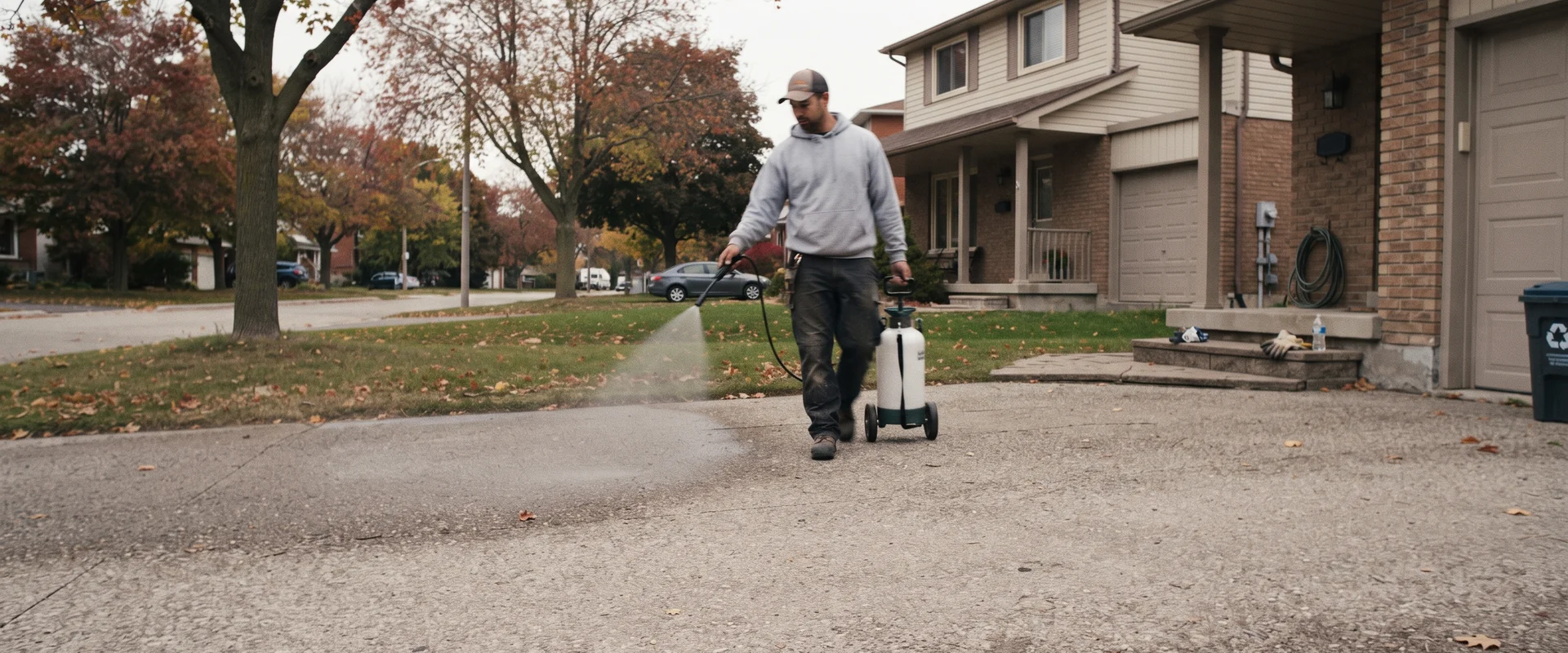 Worker spraying penetrating sealer across a concrete driveway at a Toronto home
