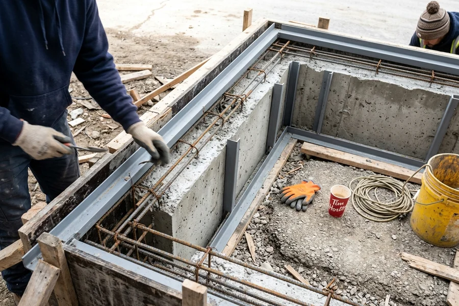 Dock leveller pit being formed with embedded steel angle and rebar cage