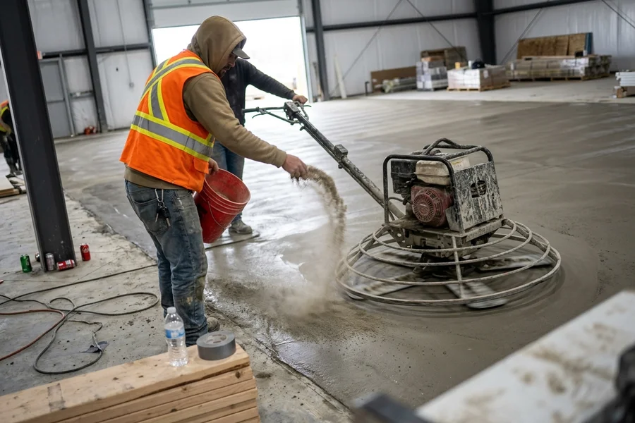 Ride-on power trowel burnishing a commercial slab with dry-shake hardener applied