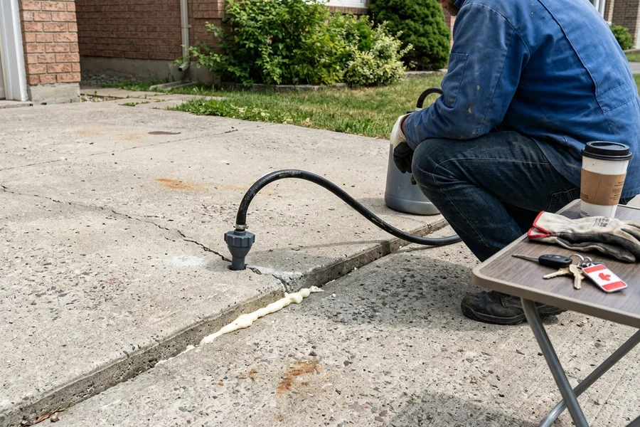 Small injection port in a concrete slab with the hose connected as the slab rises to grade