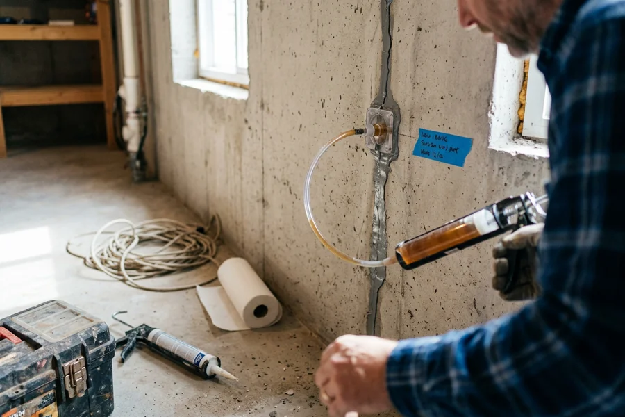 Low-viscosity epoxy being injected through a port into a concrete crack
