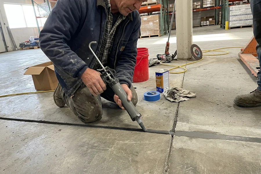 Semi-rigid polyurea joint filler being applied into a warehouse floor control joint