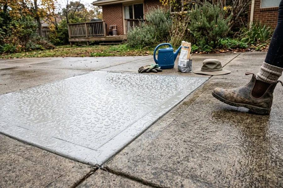Water beading on sealed concrete beside an unsealed section where water soaks in