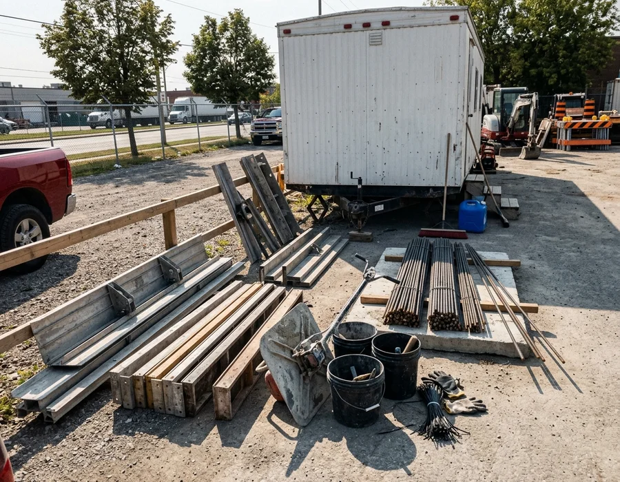 Concrete finishing tools, forms and rebar organised at the Best Concrete Toronto equipment yard