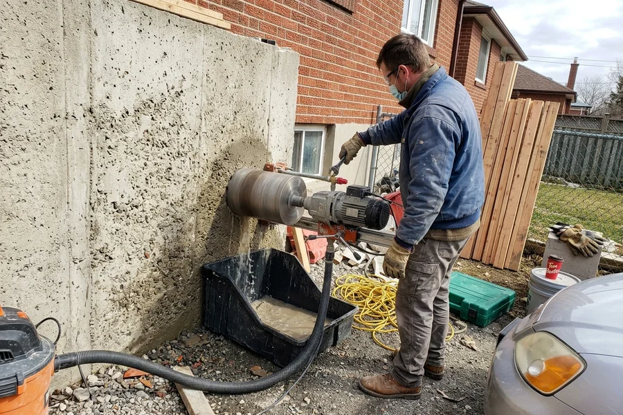 Core drill rig anchored to a foundation wall cutting a circular service opening