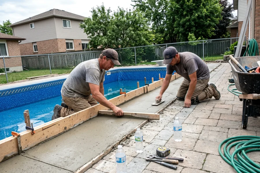 Crew forming a pool deck coping edge with protective boards shielding the liner