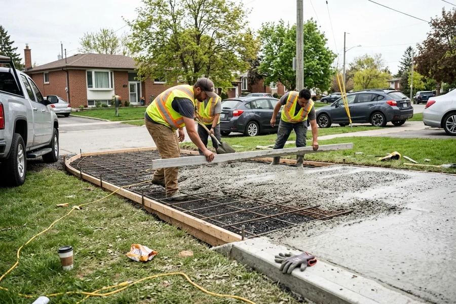 Crew screeding wet concrete over a rebar grid and compacted granular base inside driveway forms