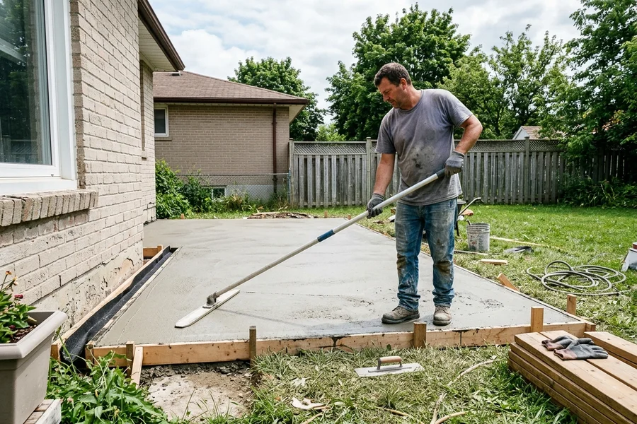 Crew member bull floating a fresh backyard patio slab inside wooden forms
