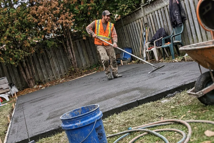 Crew member bull floating a fresh backyard concrete patio slab