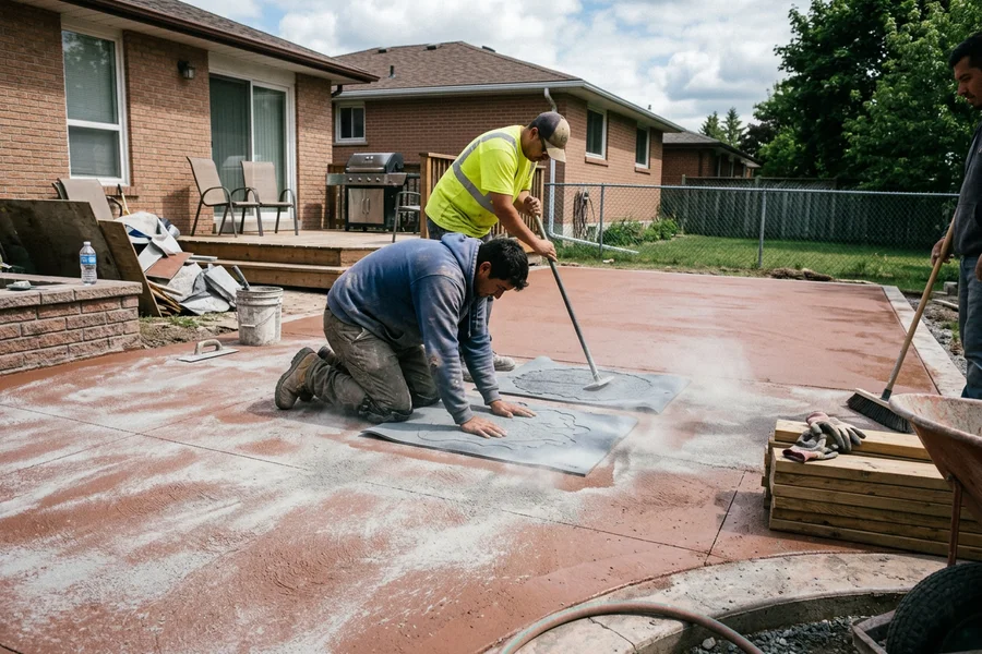 Crew pressing polyurethane texture mats into fresh coloured concrete during a stamped pour