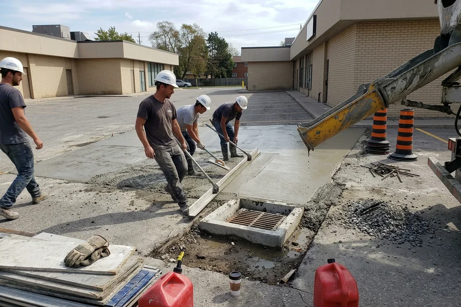 Crew screeding parking lot concrete around a catch basin at the low point