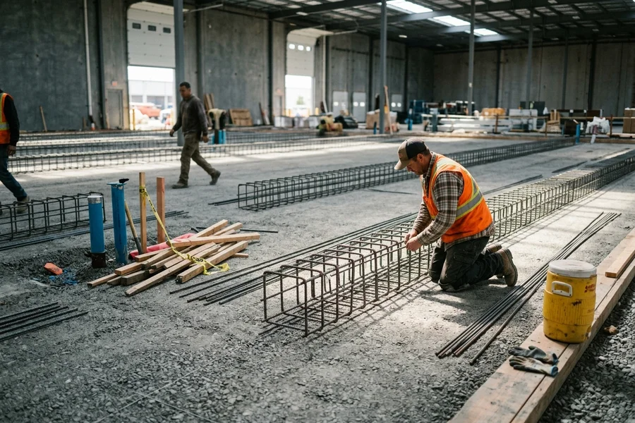 Dowel baskets and steel-fibre reinforcement laid across a prepared warehouse sub-base