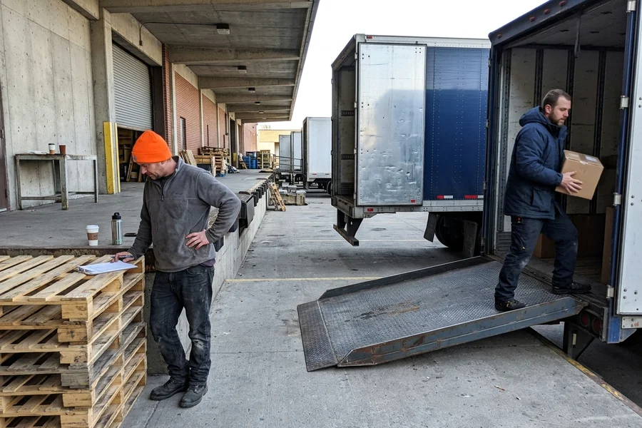 Loading dock pad with armoured steel edge angle at a Toronto industrial building