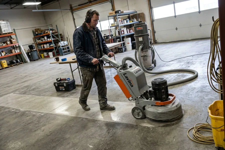 Operator running a planetary floor grinder with the polished strip beside unfinished concrete