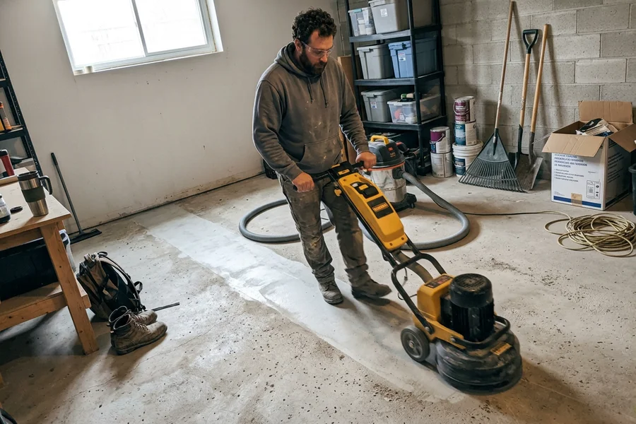 Operator running a planetary floor grinder with dust extraction across a concrete floor