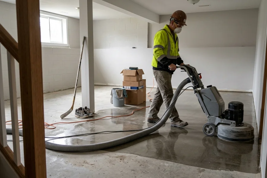 Planetary floor grinder polishing a residential basement concrete floor