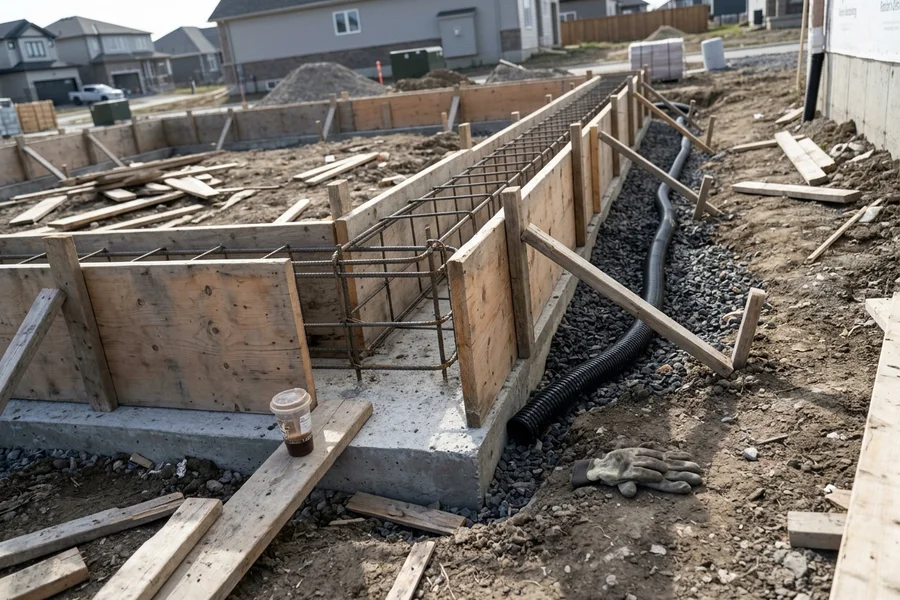 Rebar cage and wall forms set on a footing with drainage gravel and weeping tile behind