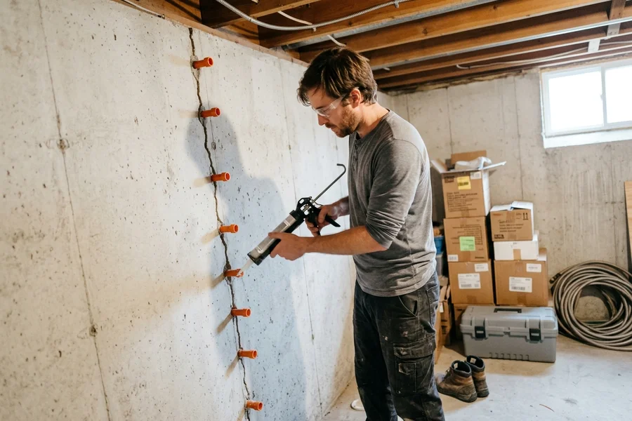 Technician injecting polyurethane into a leaking foundation wall crack from inside a basement