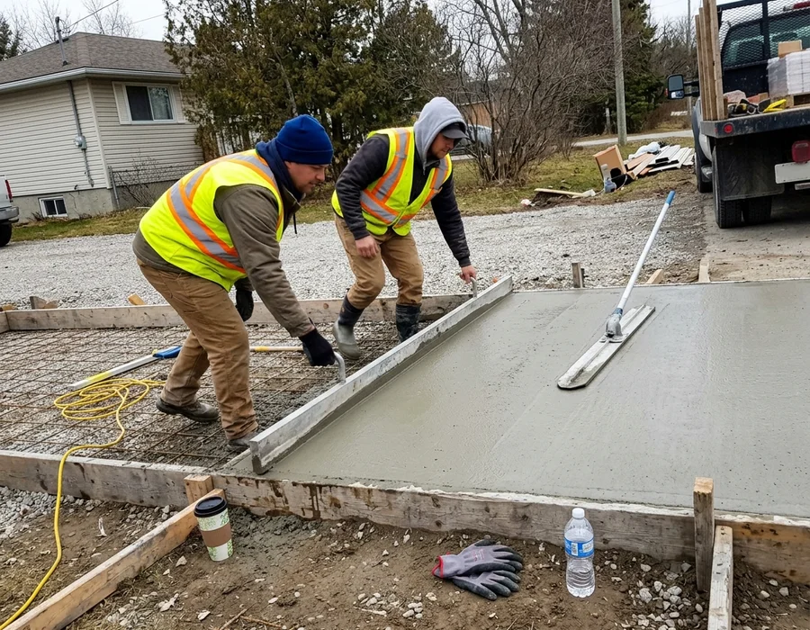 Best Concrete Toronto crew members screeding a fresh concrete slab