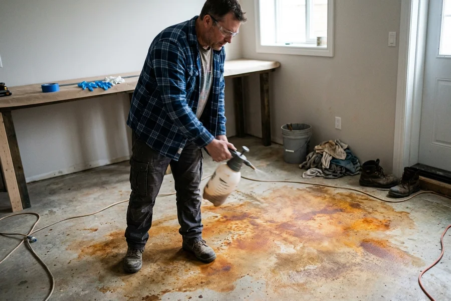Worker applying acid stain to a concrete floor with variegated colour developing