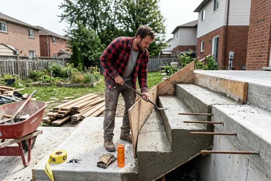 Worker stripping step forms to reveal freshly poured treads and risers
