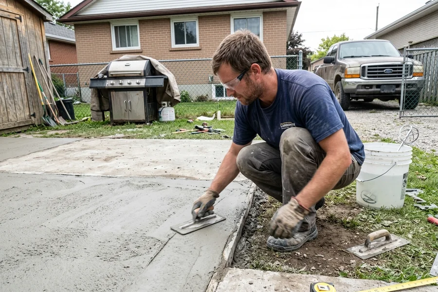 Worker trowelling a polymer-modified overlay across a prepared concrete slab