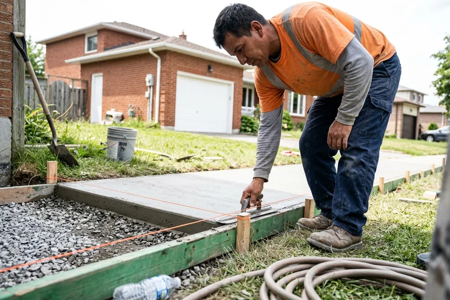 Worker edging a wet concrete walkway with the compacted stone base visible
