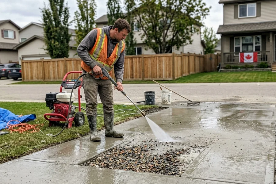 Worker washing surface retarder off fresh concrete to reveal the aggregate beneath